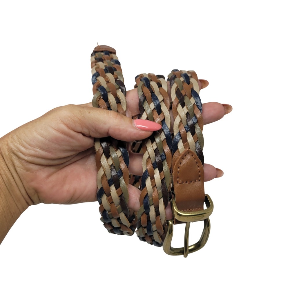 Vtg Western Genuine Leather Braided Belt Multicolor Brown Tan Navy Woven Sz L